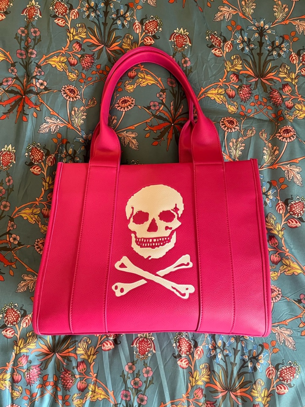 Hot Pink Skull Tote Bag with White Skull Graphic - Picture 3 of 7